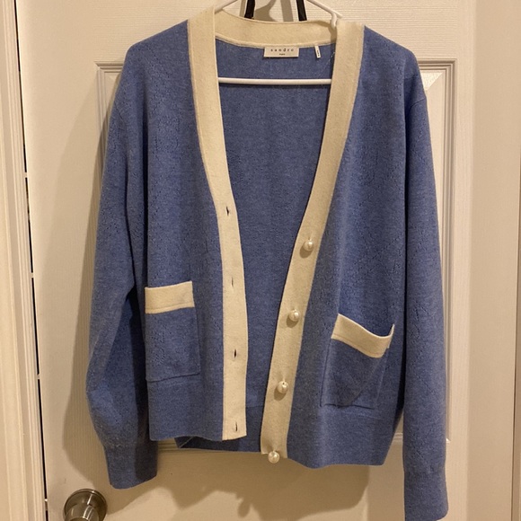 Sandro Cashmere Lucas Pointelle Stitch Light Blue White Cardigan w/Pearl Buttons - Picture 5 of 11